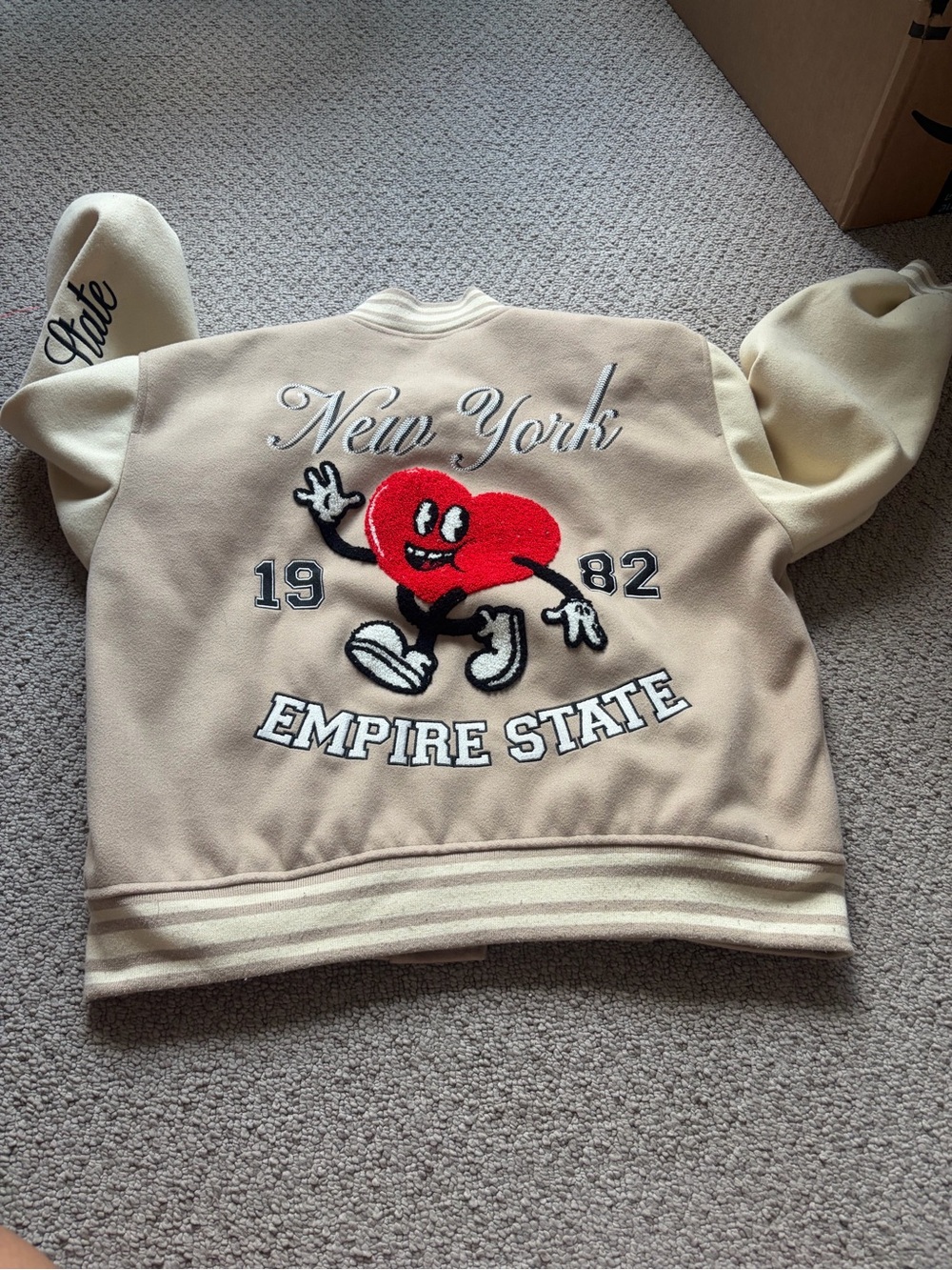 Forever 21 Beige Cream Varsity Jacket with Red Heart Patch
